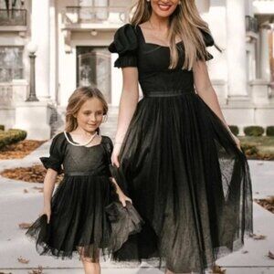 NWT Ivy City Gala Tulle Dress Small Midi Black Ballet Puff Sleeves Fit & Flare